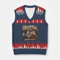 Funny School Therapist Raccoon Drinking Iced Coffee V-Neck Knit Sweater Vest
