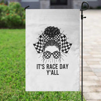 Racing Car Checkered Flag Garden Flag Messy Bun Woman Race Day - Wonder Print Shop