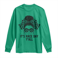 Racing Car Checkered Flag Long Sleeve Shirt Messy Bun Woman Race Day - Wonder Print Shop
