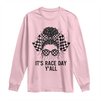 Racing Car Checkered Flag Long Sleeve Shirt Messy Bun Woman Race Day - Wonder Print Shop