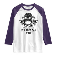 Racing Car Checkered Flag Raglan Shirt Messy Bun Woman Race Day - Wonder Print Shop