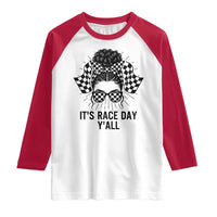 Racing Car Checkered Flag Raglan Shirt Messy Bun Woman Race Day - Wonder Print Shop