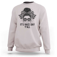 Racing Car Checkered Flag Sweatshirt Messy Bun Woman Race Day - Wonder Print Shop