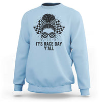 Racing Car Checkered Flag Sweatshirt Messy Bun Woman Race Day - Wonder Print Shop