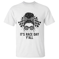 Racing Car Checkered Flag T Shirt Messy Bun Woman Race Day - Wonder Print Shop
