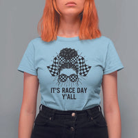 Racing Car Checkered Flag T Shirt For Women Messy Bun Woman Race Day - Wonder Print Shop
