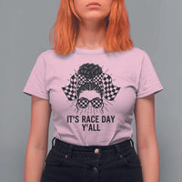 Racing Car Checkered Flag T Shirt For Women Messy Bun Woman Race Day - Wonder Print Shop