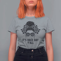 Racing Car Checkered Flag T Shirt For Women Messy Bun Woman Race Day - Wonder Print Shop