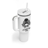 Racing Car Checkered Flag Tumbler With Handle Messy Bun Woman Race Day