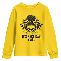 Racing Car Checkered Flag Youth Sweatshirt Messy Bun Woman Race Day - Wonder Print Shop