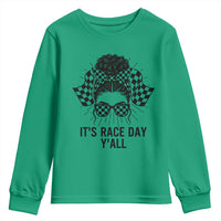 Racing Car Checkered Flag Youth Sweatshirt Messy Bun Woman Race Day - Wonder Print Shop