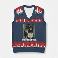 Open The Door Cats Lover V-Neck Knit Sweater Vest Funny Cat Gang Sarcastic Meme - Wonder Print Shop