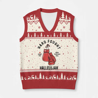 Hard Fought Hallelujah V-Neck Knit Sweater Vest Christian Boxing Gloves Bible Verse Faith - Wonder Print Shop