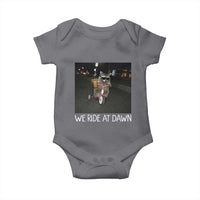 We Ride at Dawn Baby Onesie Funny Racoon Riding Tricycle Chaotic Meme