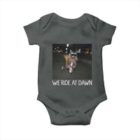 We Ride at Dawn Baby Onesie Funny Racoon Riding Tricycle Chaotic Meme