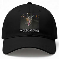 We Ride at Dawn Baseball Cap Funny Racoon Riding Tricycle Chaotic Meme