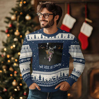 We Ride at Dawn Ugly Christmas Sweater Funny Racoon Riding Tricycle Chaotic Meme