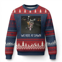 We Ride at Dawn Ugly Christmas Sweater Funny Racoon Riding Tricycle Chaotic Meme