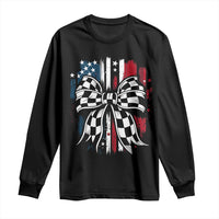 Patriotic Coquette Bow Checkered Flag Race Car Racing Long Sleeve Shirt - Wonder Print Shop