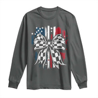 Patriotic Coquette Bow Checkered Flag Race Car Racing Long Sleeve Shirt - Wonder Print Shop