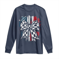 Patriotic Coquette Bow Checkered Flag Race Car Racing Long Sleeve Shirt - Wonder Print Shop