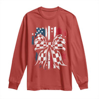 Patriotic Coquette Bow Checkered Flag Race Car Racing Long Sleeve Shirt - Wonder Print Shop