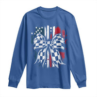 Patriotic Coquette Bow Checkered Flag Race Car Racing Long Sleeve Shirt - Wonder Print Shop