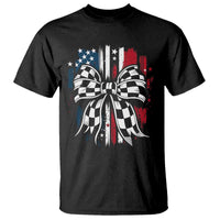 Patriotic Coquette Bow Checkered Flag Race Car Racing T Shirt - Wonder Print Shop