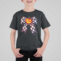 Race Car Halloween T Shirt For Kid Pumpkin Checkered Coquette Bow - Wonder Print Shop
