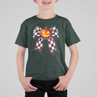 Race Car Halloween T Shirt For Kid Pumpkin Checkered Coquette Bow - Wonder Print Shop