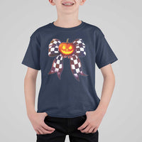Race Car Halloween T Shirt For Kid Pumpkin Checkered Coquette Bow - Wonder Print Shop