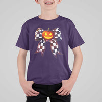 Race Car Halloween T Shirt For Kid Pumpkin Checkered Coquette Bow - Wonder Print Shop