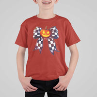 Race Car Halloween T Shirt For Kid Pumpkin Checkered Coquette Bow - Wonder Print Shop