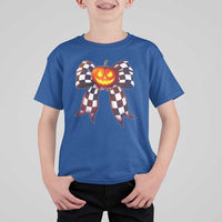 Race Car Halloween T Shirt For Kid Pumpkin Checkered Coquette Bow - Wonder Print Shop