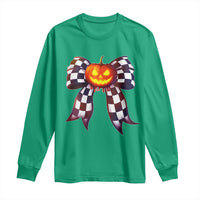 Race Car Halloween Long Sleeve Shirt Pumpkin Checkered Coquette Bow - Wonder Print Shop