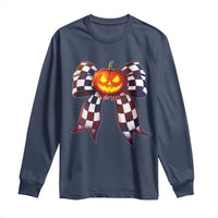 Race Car Halloween Long Sleeve Shirt Pumpkin Checkered Coquette Bow - Wonder Print Shop