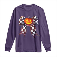 Race Car Halloween Long Sleeve Shirt Pumpkin Checkered Coquette Bow - Wonder Print Shop