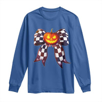 Race Car Halloween Long Sleeve Shirt Pumpkin Checkered Coquette Bow - Wonder Print Shop
