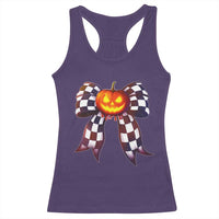Race Car Halloween Racerback Tank Top Pumpkin Checkered Coquette Bow - Wonder Print Shop