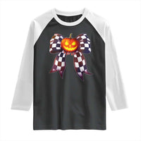 Race Car Halloween Raglan Shirt Pumpkin Checkered Coquette Bow - Wonder Print Shop