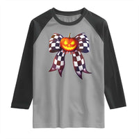 Race Car Halloween Raglan Shirt Pumpkin Checkered Coquette Bow - Wonder Print Shop