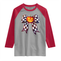 Race Car Halloween Raglan Shirt Pumpkin Checkered Coquette Bow - Wonder Print Shop