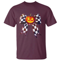 Race Car Halloween T Shirt Pumpkin Checkered Coquette Bow - Wonder Print Shop