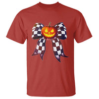 Race Car Halloween T Shirt Pumpkin Checkered Coquette Bow - Wonder Print Shop