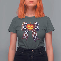 Race Car Halloween T Shirt For Women Pumpkin Checkered Coquette Bow - Wonder Print Shop