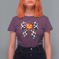 Race Car Halloween T Shirt For Women Pumpkin Checkered Coquette Bow - Wonder Print Shop