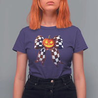 Race Car Halloween T Shirt For Women Pumpkin Checkered Coquette Bow - Wonder Print Shop