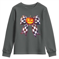 Race Car Halloween Youth Sweatshirt Pumpkin Checkered Coquette Bow - Wonder Print Shop
