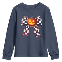Race Car Halloween Youth Sweatshirt Pumpkin Checkered Coquette Bow - Wonder Print Shop
