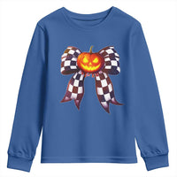 Race Car Halloween Youth Sweatshirt Pumpkin Checkered Coquette Bow - Wonder Print Shop